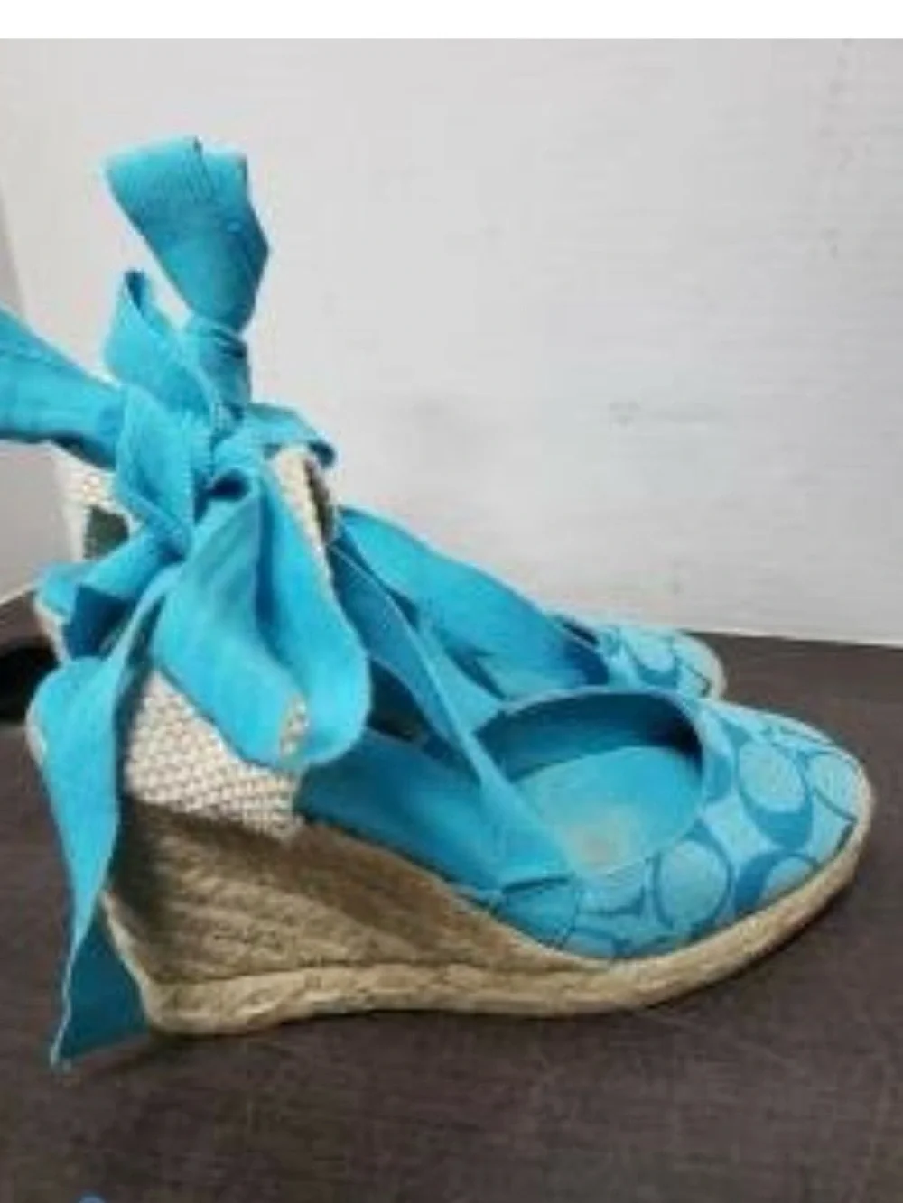 Coach Turquoise Espadrille Wedge Ankle Tie Sandals